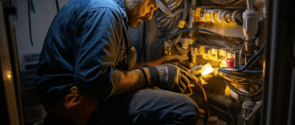 A plumber works diligently under a single light bulb to repair a complex pipe system in a dim basement, depicting the skills, experience and various factors that contribute to salaries in the plumbing trade