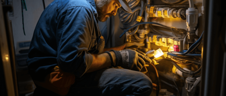 A plumber works diligently under a single light bulb to repair a complex pipe system in a dim basement, depicting the skills, experience and various factors that contribute to salaries in the plumbing trade