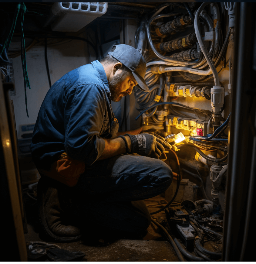 A plumber works diligently under a single light bulb to repair a complex pipe system in a dim basement, depicting the skills, experience and various factors that contribute to salaries in the plumbing trade